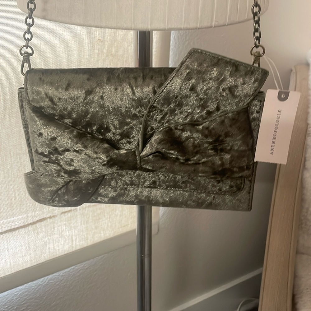 Anthropologie NWT Moss Green Velvet Chain Link Crossbody Bag
